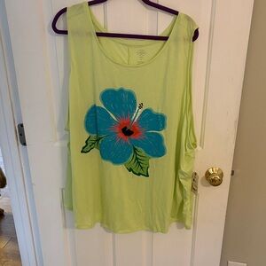 St. John's Bay Lime Green Tank with Blue Hibiscus Graphic